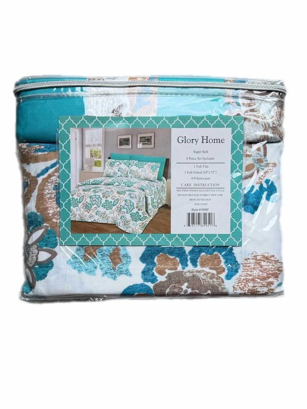 Glory Home 6 piece Full set Sheets style 1095 Teal & Brown NWT